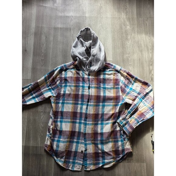 Pacsun Plaid Button-Up Hoodie Shirt L Multicolor Cotton Blend Long Sleeve Casual - Picture 4 of 9